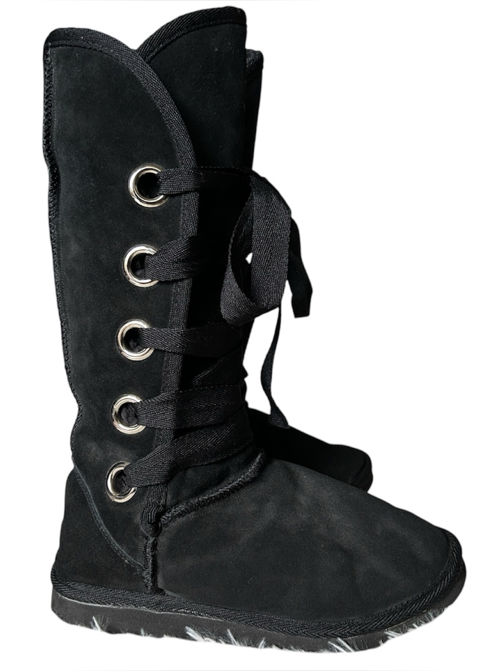 Y2K Coquette “UGG Australia” Black Sheep Skin Ribbon Lace-up Ugg Boots